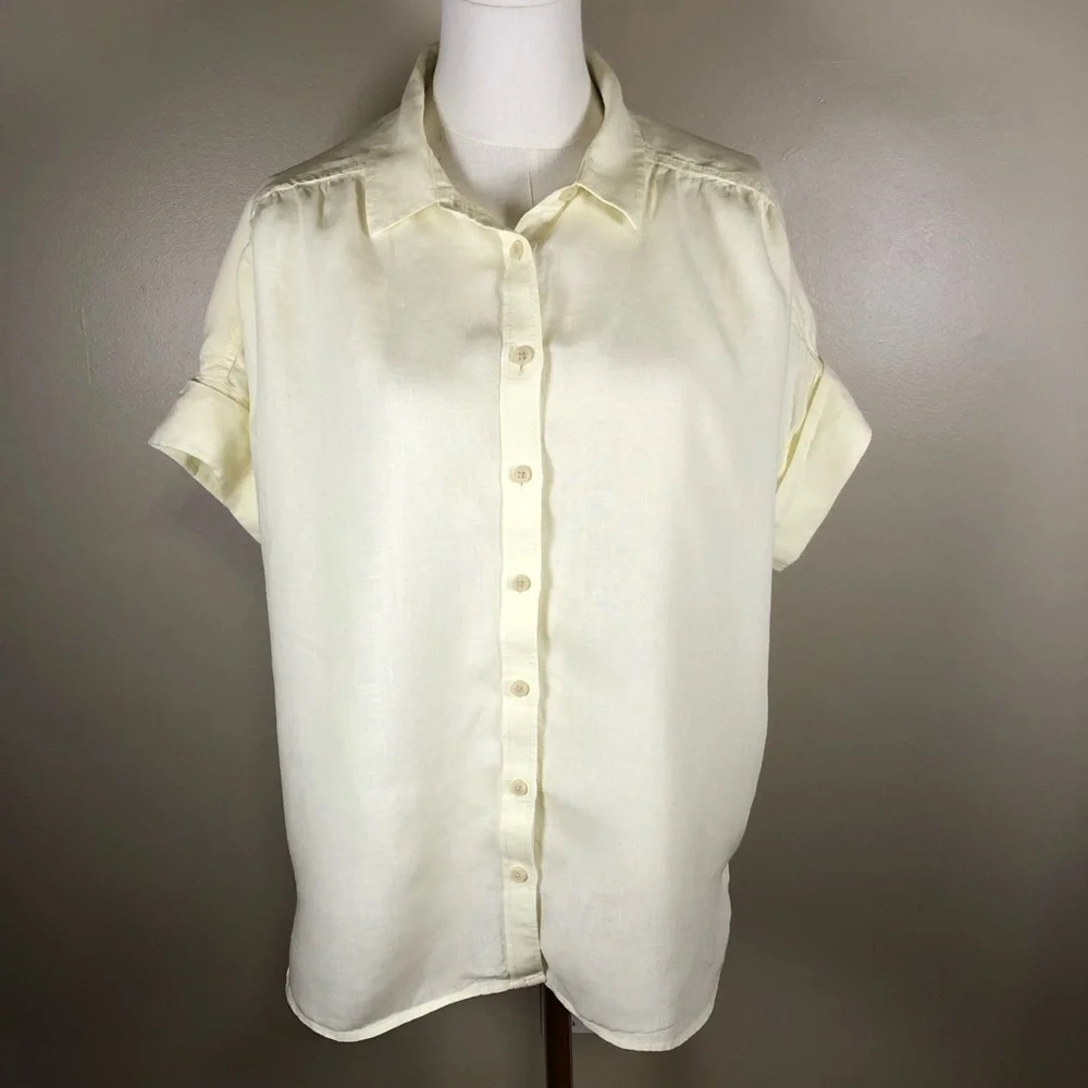J. Crew 100% Irish Linen Light Yellow Relaxed Button-Up Short Sleeve Shirt Sz S - Picture 2 of 10